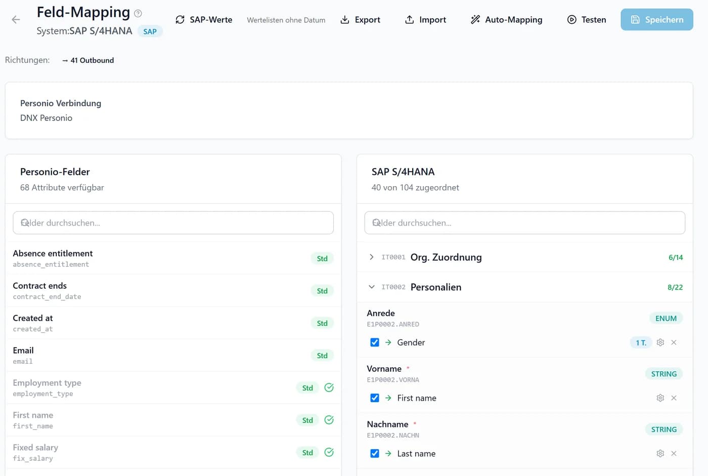 DnX PIE Feld-Mapping: Personio-Felder werden den SAP-Infotypen zugeordnet, hier IT0002 Personalien
